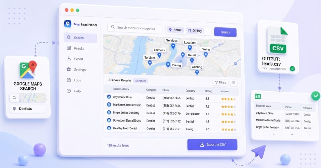 Illustration of searching Google Maps for local businesses and exporting the results to a CSV file with Map Lead Finder.