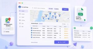 Illustration of searching Google Maps for local businesses and exporting the results to a CSV file with Map Lead Finder.
