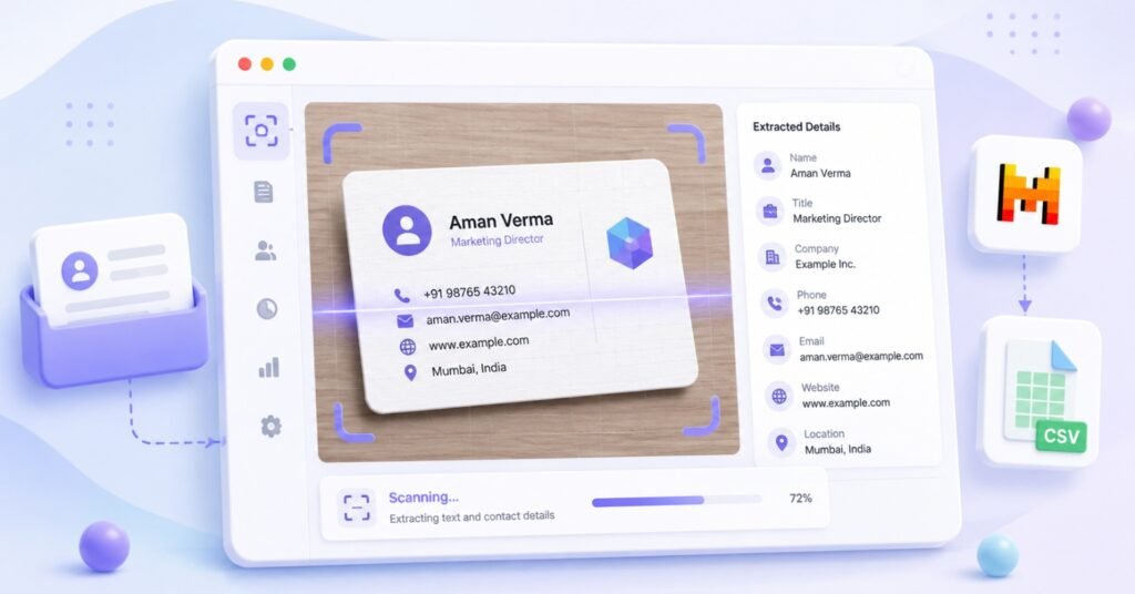 CardScan AI business card scanning and CSV export illustration