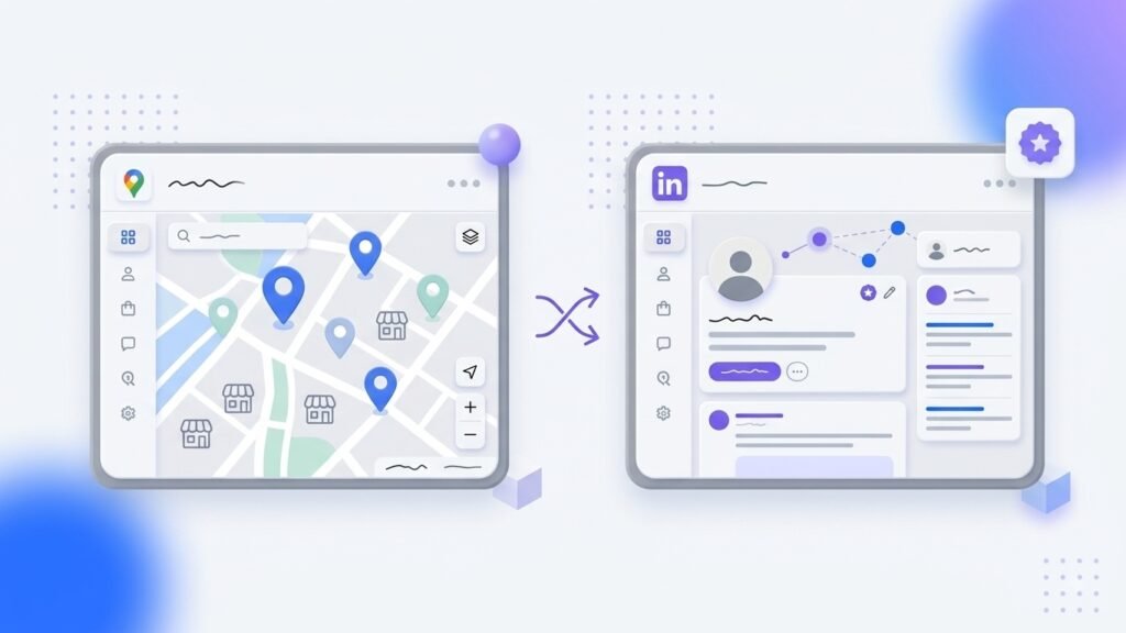 3D illustration comparing a Google Maps local search interface with a LinkedIn professional networking interface for B2B lead generation strategies.